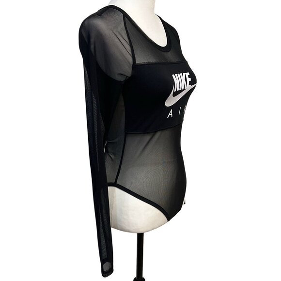 NIKE Air Long Sleeve Mesh Bodysuit Graphic Top Sheer Logo Nude Illusion Athletic - Picture 9 of 12